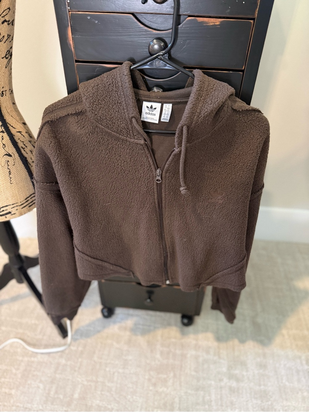 adidas Cropped Teddy Sherpa Hoodie Jacket in Brown - Picture 3 of 9